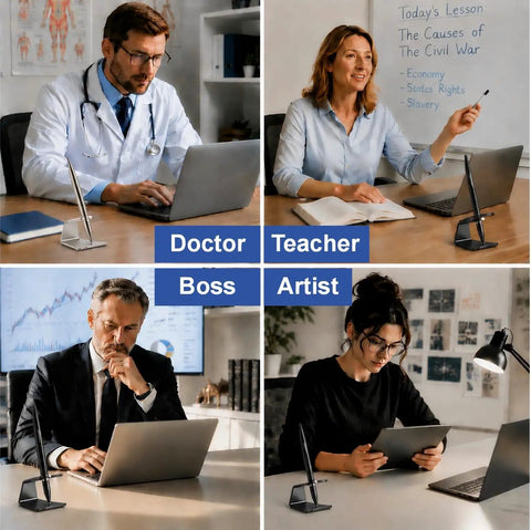 Doctor, teacher, boss, and artist using Magnetic Levitation Gel Ink Pen Floating Anti Gravity Desk Gadget in office settings