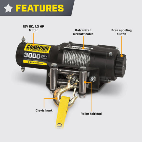 Heavy Duty 3000 Pound ATV UTV Winch Kit With One Point Three Horsepower DC Motor and features like roller fairlead.