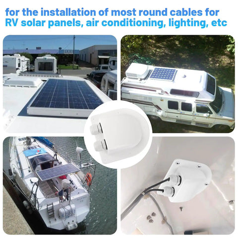 Waterproof Solar Cable Entry Gland Double Pass Through For All Cable Types 2mm2 To 6mm2 White Ideal For RV Campervan Boat Yacht Solar Projects With Upgraded M16 Nut For Tight Seal in use on RV and boat solar installations.