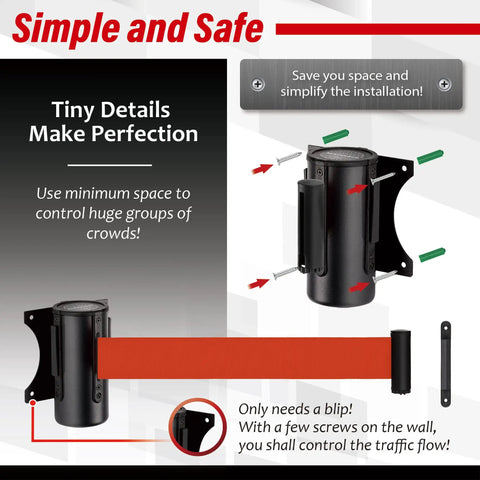 Wall Mount Retractable Belt Barrier With 9.2 Ft Red Belt In Sturdy Black Casing For Indoor And Outdoor Crowd Control diagram.