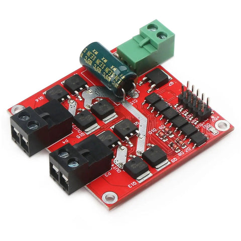 Beefed Up Dual DC Motor Driver With PWM Speed Control L298 H Bridge 6.5V To 27V Input, industrial grade controller on red board.