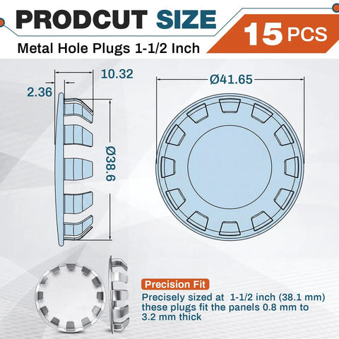 Diagram showing sizes of 30 Pack Nickel Plated Steel Snap In Hole Plugs For 1/2 Inch And 3/4 Inch Exposed Knockout Holes No Welding Required