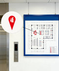 Fire Extinguisher Location Marker Labels Half Inch By One Inch Red Self Adhesive Stickers on evacuation map next to elevator