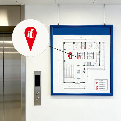 Fire Extinguisher Location Marker Labels Half Inch By One Inch Red Self Adhesive Stickers on evacuation map next to elevator