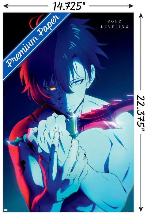 Solo Leveling Sung Teaser Wall Poster Featuring Straight Fire Glossy Anime Art And Easy Peel Mounting Tabs For Zero Hole Wall Display, 22 By 15 Inch Premium Vibe Check Bundle, featuring character with knife on premium paper.