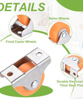 10 Pack Mini Caster Wheels Featuring Smooth Rollin Ball Bearings Hella Legit Nylon Wheels Secured On Heavy Duty Metal Plates Fast Swap For Furniture Drawers Storage Bins And Home Diy Fixes with orange nylon wheels and metal plates.