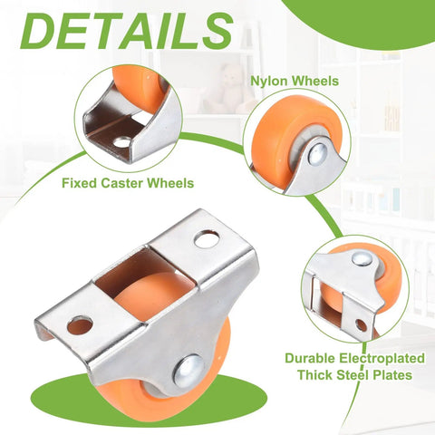 10 Pack Mini Caster Wheels Featuring Smooth Rollin Ball Bearings Hella Legit Nylon Wheels Secured On Heavy Duty Metal Plates Fast Swap For Furniture Drawers Storage Bins And Home Diy Fixes with orange nylon wheels and metal plates.