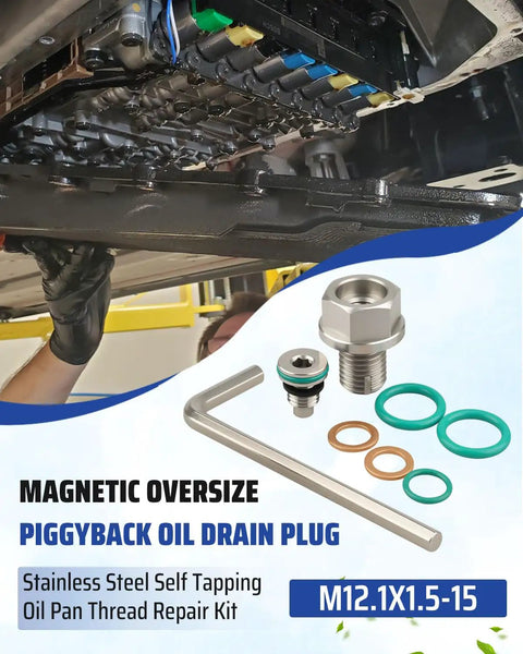 Heavy Duty M12.1 15mm Oversize Magnetic Oil Drain Plug That Traps Metal Shavings Perfect For Engine Oil Pans Transmission And Differential Flush Jobs Without Leaking. Stainless steel magnetic oil drain plug kit with washers and wrench for oil pan repair.
