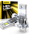 H7 Led Headlight Bulbs Pair 50000 Lumen 6500K Cool White 60000 Hour Lifespan Plug And Play Automotive Lighting Kit close-up with packaging.
