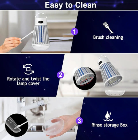 Indoor Outdoor Bug Zapper With Rechargeable Battery Boss Mosquito Killer Lamp showing cleaning process with brush, twist cover, and rinse