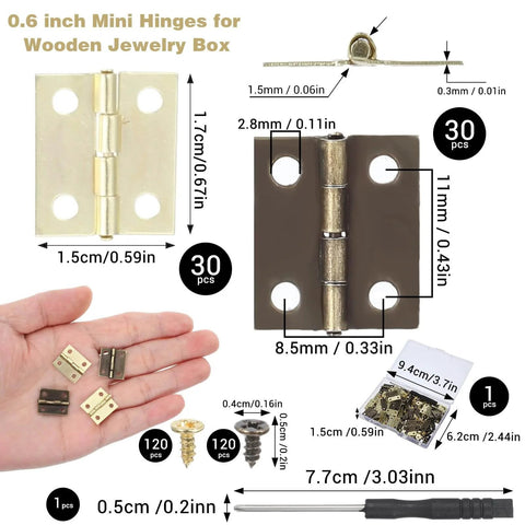 60 Sets Mini Hinges With Screws 0.6 Inch 270 Degree Folding Butt Hinges For Wood Jewelry Boxes Diy Projects Gates Drawers Gold And Bronze Finish Includes Screwdriver And Clear Storage Box 120 Gold Screws And 120 Bronze Screws displayed
