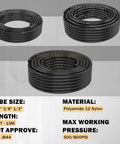Three coils of black nylon polyamide air hose for pneumatic use; sizes 1/4, 3/8, and 1/2 in, 50 ft length.