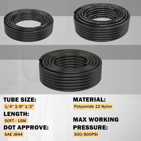 Three coils of black nylon polyamide air hose for pneumatic use; sizes 1/4, 3/8, and 1/2 in, 50 ft length.