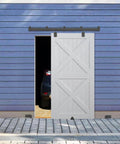 Outdoor Grade 8-Foot Sliding Barn Door Hardware Kit for Exterior Use, shown installed with galvanized steel rails