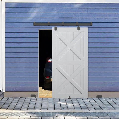 Outdoor Grade 8-Foot Sliding Barn Door Hardware Kit for Exterior Use, shown installed with galvanized steel rails