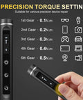 Compact 76 In 1 USB Charged Electric Screwdriver Kit showing 5 torque settings for electronics repair
