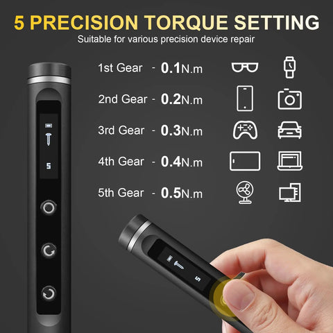 Compact 76 In 1 USB Charged Electric Screwdriver Kit showing 5 torque settings for electronics repair