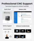 Professional CNC Support overview featuring Quick Start Guide, Maker Wiki, online support, and software guided mode options.