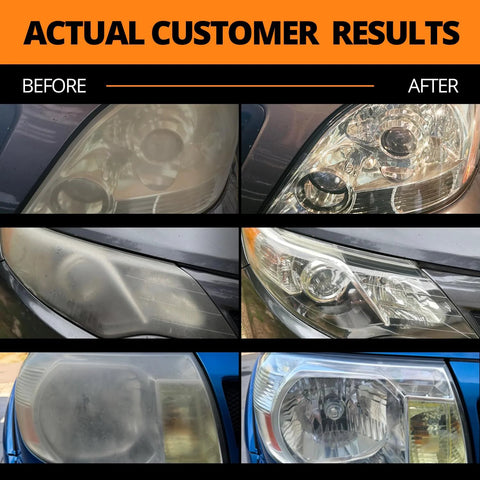 CERAKOTE Ceramic Headlight Restoration Kit; collage of three headlights before and after restoration
