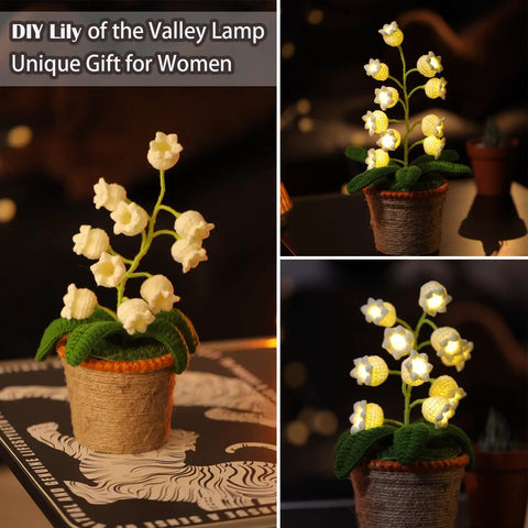 Crochet Lily of the Valley Lamp, Handmade Cordless Night Light with Touch Control, 6 Colors Warm LED Table Lamp