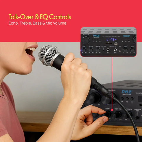 Person using microphone with 4 Channel Bluetooth Audio Amplifier For Home Stereo And Karaoke Use With 500W Peak Power Dual Mic Inputs