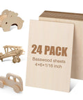 Pro Level Basswood Sheets 24 Pack 4X6X1/16 Inch Unfinished Wood For Laser Cutting And Engraving, showcasing toy models and sheets.