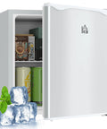 Hella Compact Mini Upright Freezer Packs 1 Point 1 Cubic Feet Inside With Five Level Temperature Knob Removable Shelves And Crisp White Finish with open door and frozen ice