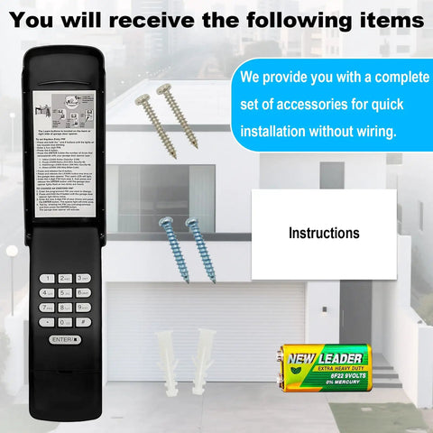 Product contents including Keyless Garage Door Opener Keypad Replacement For LiftMaster, Chamberlain, And Craftsman with accessories.
