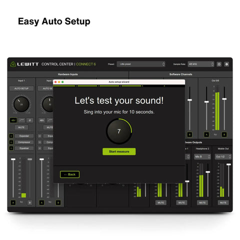Screenshot of Six-Channel DSP Powered USB Audio Interface With Auto Setup interface showing test setup wizard