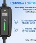 LCD display and controls of Portable Level 2 EV Charger With Nema 1430 Plug, showing adjustable settings for current.