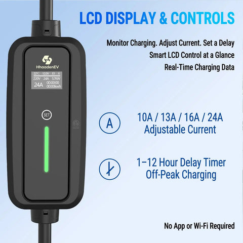 LCD display and controls of Portable Level 2 EV Charger With Nema 1430 Plug, showing adjustable settings for current.