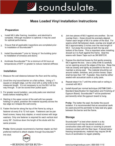 Installation instructions for Premium Mass Loaded Vinyl Soundproofing Rolls Heavy Hitter for effective noise blocking barrier.