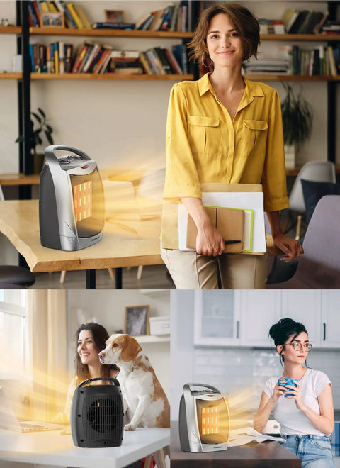 Person with 2 In 1 Portable Electric Space Heater With Thermostat 1500W/750W Ceramic Heater With Fan in office setting
