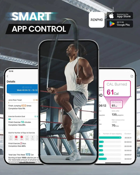 Man using Smart Jump Rope With Counter For Quick Cardio Burn App Data Analysis in gym, three mobile screens showing jump stats.