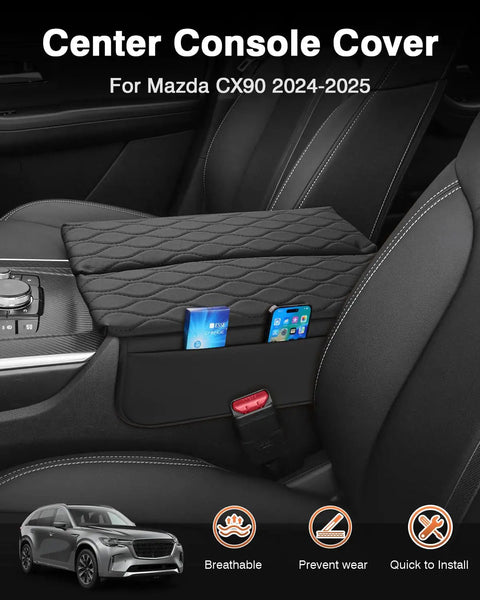 Mazda CX 90 Center Console Armrest Cover Custom Fit For 2024 2025 2026 Leather Look Arm Rest Cushion Pad installed in vehicle interior