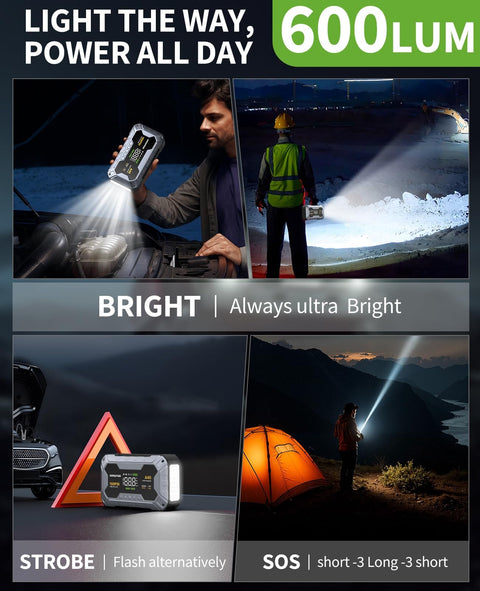 Person using 8000A Jump Starter with 160 PSI Air Compressor and 12V Power Bank to light up dark area, LED flashlight feature