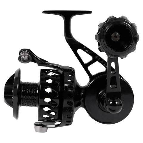 X2 Bailless Spinning Reel Be Beast Built From Full Machined 6061 One Piece Body And Stem Sealed Design Titanium Main Shaft Stainless Steel Gear Ready For Saltwater And Freshwater Fishing Black Finish, side view