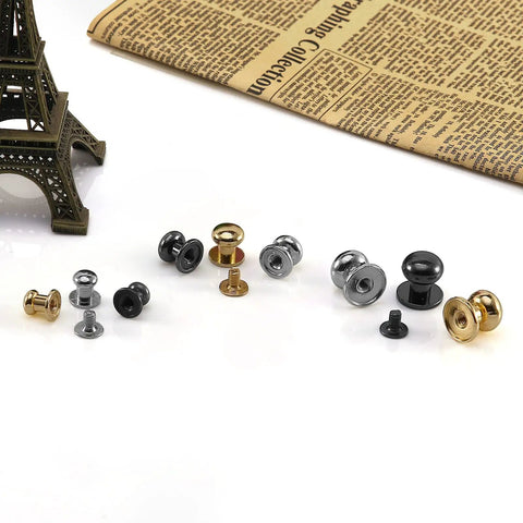 Badass Chicago Screws And Button Head Stud Rivets Sweet Top Tier Fasteners For Leathercraft DIY Crafts Featuring black and gold zinc alloy pieces.