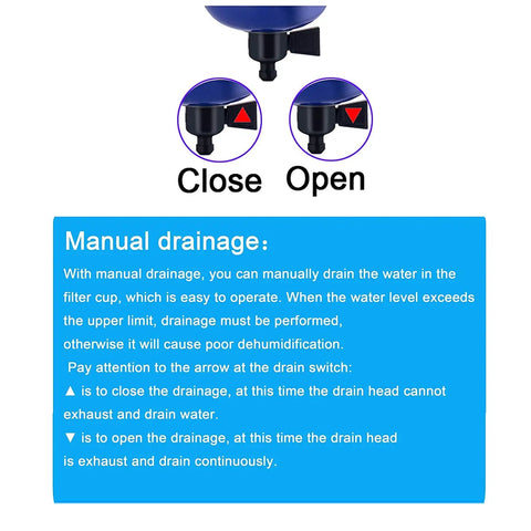 Close and open feature of manual drainage for Half Inch NPT Air Filter Regulator Combo With Zinc Alloy Body displayed on blue panel