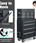 9 Drawer Rolling Tool Chest With Wheels And Lock Top Box With 5 Drawers And Bottom Cabinet With 4 Drawers Removable Design For Easy Split Use Heavy Duty Steel Storage For Workshop Garage Or Shop pull handle and locking wheels