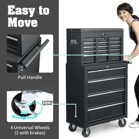 9 Drawer Rolling Tool Chest With Wheels And Lock Top Box With 5 Drawers And Bottom Cabinet With 4 Drawers Removable Design For Easy Split Use Heavy Duty Steel Storage For Workshop Garage Or Shop pull handle and locking wheels