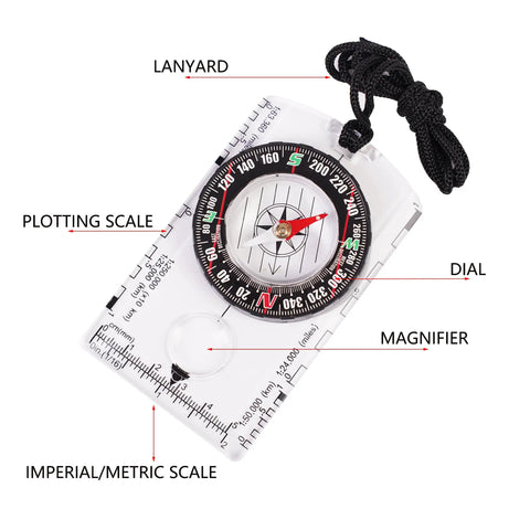 Outdoor Compass Kit With Adjustable Declination, Magnifier, Ruler And Scale, Waterproof Multifunctional Orienteering Compass with lanyard