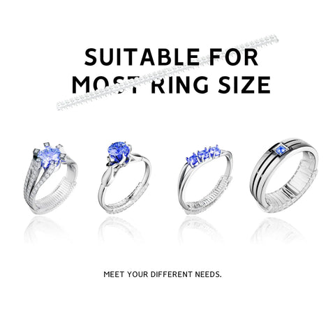 Invisible Silicone Ring Size Adjusters Kit With Four Size Options, 12 Pack, showing clip-on guards on various rings