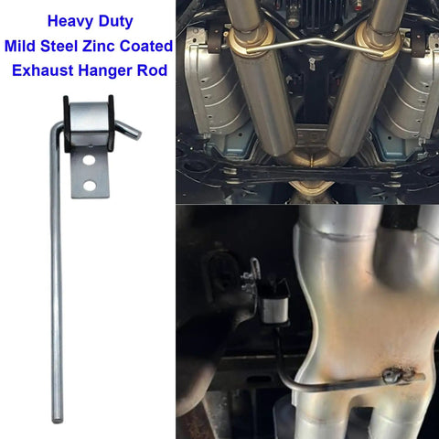 Beefed Up Exhaust Hanger Rod Set Kit With 10 Inch And 7.6 Inch Rods 90 Degree Bend Adjustable Rubber Muffler Hangers shown in use