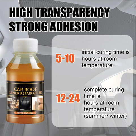 Bottle of Seat Repair Adhesive For Roof Liner And Upholstery, Quick Dry Bonding Glue shown with curing times.
