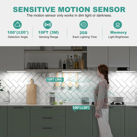 Woman in kitchen with Ultra Thin 60cm Under Cabinet Lights With 106 LEDs No Fuss Rechargeable 5000mAh Battery Motion Sensor Auto On