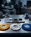 Get That Mirror Shine With These 3 Piece Cloth Polishing Wheels For Bench Mounted Metalworks Plus Buffing Agent For Surface Grinding And Smooth Finish, featuring yellow, beige, and blue wheels.