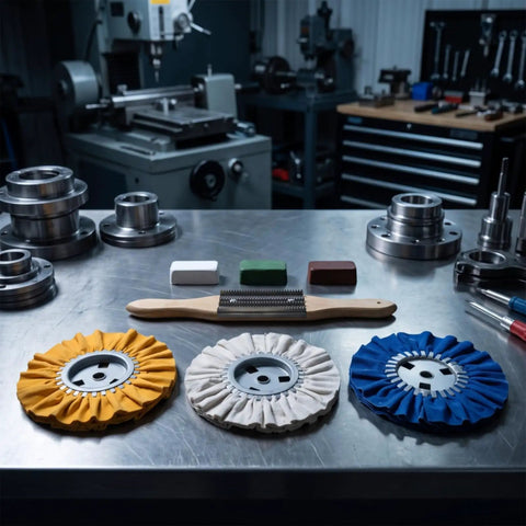 Get That Mirror Shine With These 3 Piece Cloth Polishing Wheels For Bench Mounted Metalworks Plus Buffing Agent For Surface Grinding And Smooth Finish, featuring yellow, beige, and blue wheels.
