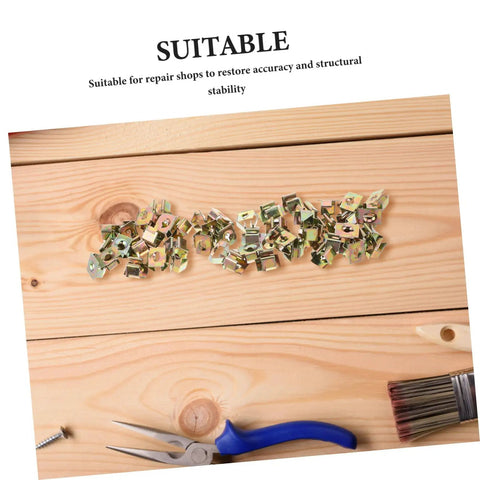 50 Pack Premium Automotive Fastener Clips Golden Iron Captive Nuts U Hook Bushings spread on wood surface for repair use.