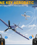 RC Planes For Adults With 4 Channel RTF F4U Corsair Fighters performing aerobatic move, remote controls shown, outdoor sky.